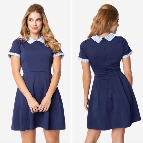 Unique Vintage x Gwynnie Bee Navy Blue Gingham Collar Fit and Flare Dress