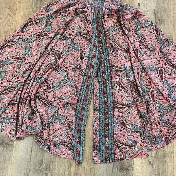 Bohemian Paisley Print Smocked Waist Split Leg Palazzo Pants