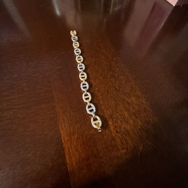 Two-Tone Puff Mariner Link Bracelet with Simulated Diamonds