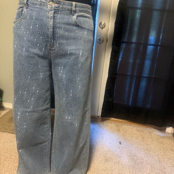 For Her NYC Rhinestone Embellished Wide Leg Jeans