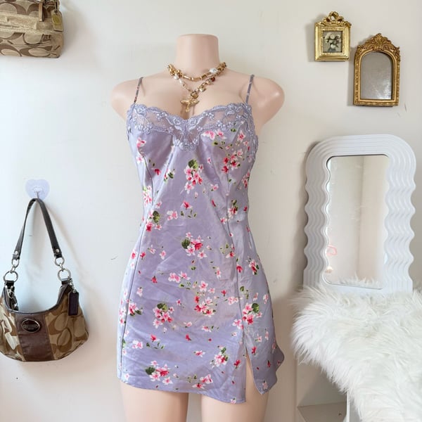 Y2K Victoria's Secret Floral Satin Lace Trim Mini Slip Dress 