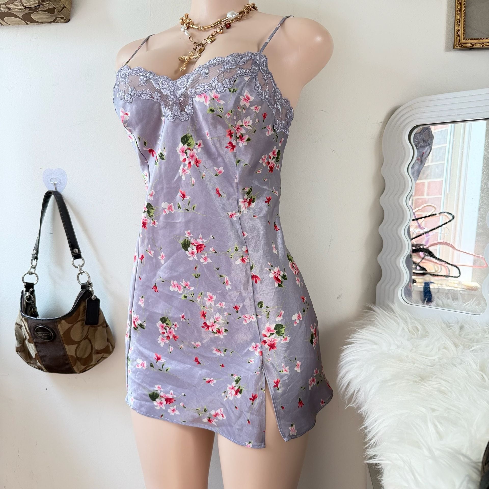 Y2K Victoria's Secret Floral Satin Lace Trim Mini Slip Dress 4