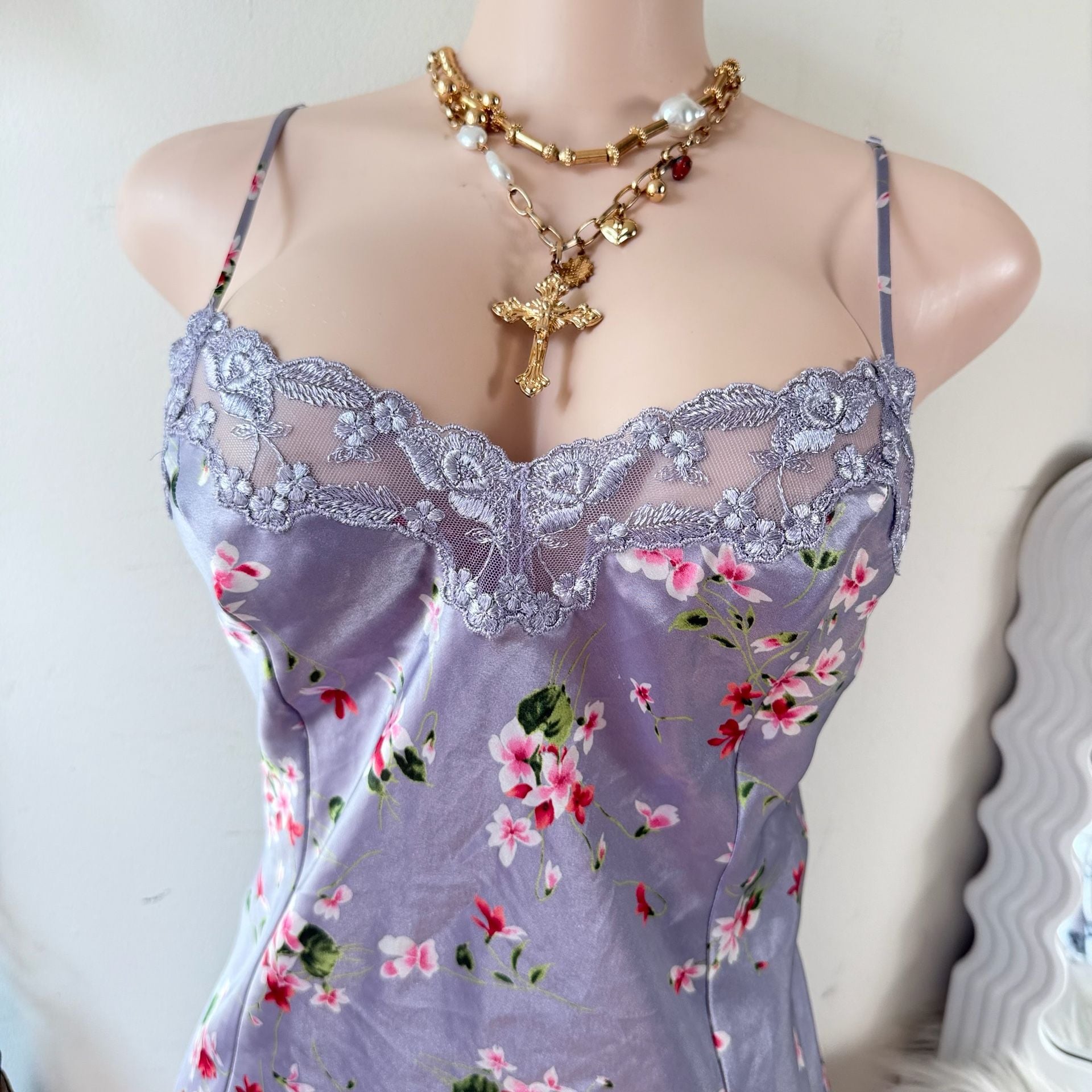 Y2K Victoria's Secret Floral Satin Lace Trim Mini Slip Dress 5