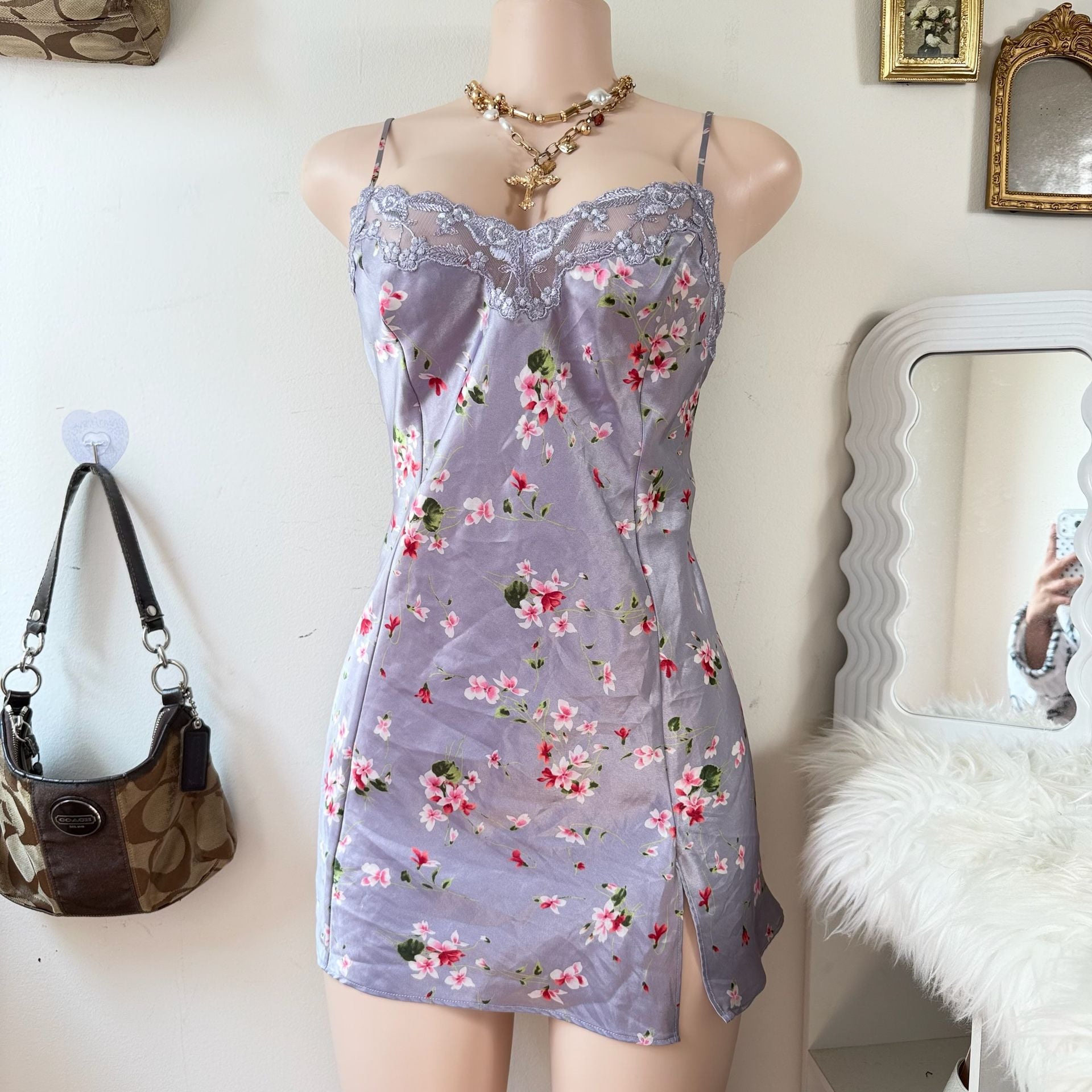 Y2K Victoria's Secret Floral Satin Lace Trim Mini Slip Dress 6