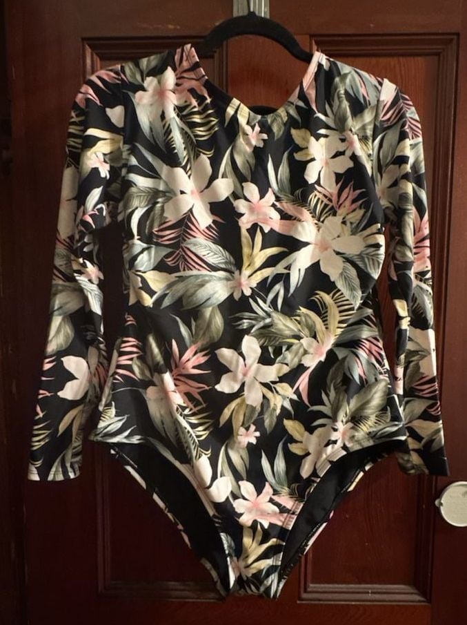 Women's Tropical Print Long Sleeve One Piece Swimsuit - Kona Sol Black M 2