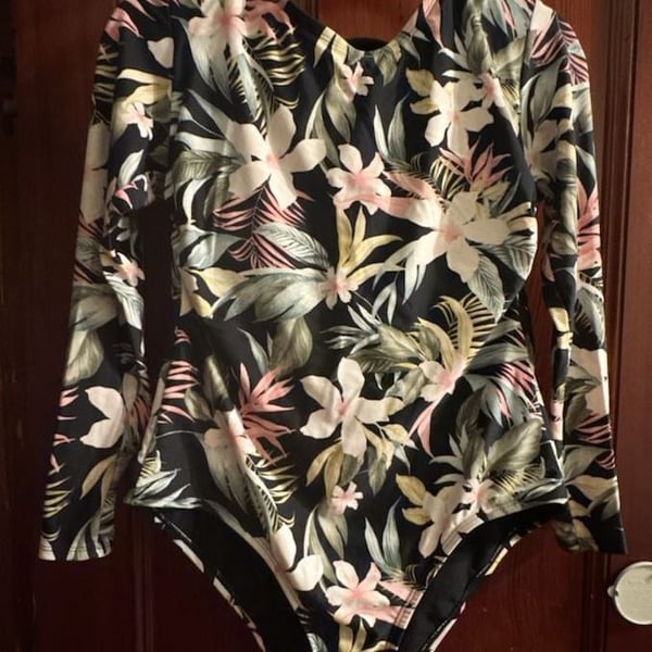 Women's Tropical Print Long Sleeve One Piece Swimsuit - Kona Sol Black M