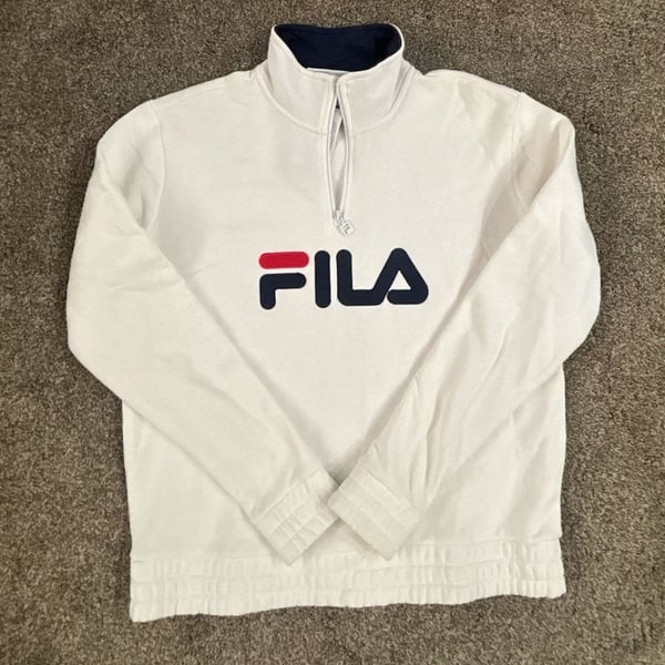 Fila Women's Quarter-Zip Pullover Sweatshirt with Large Logo, White, Size Large