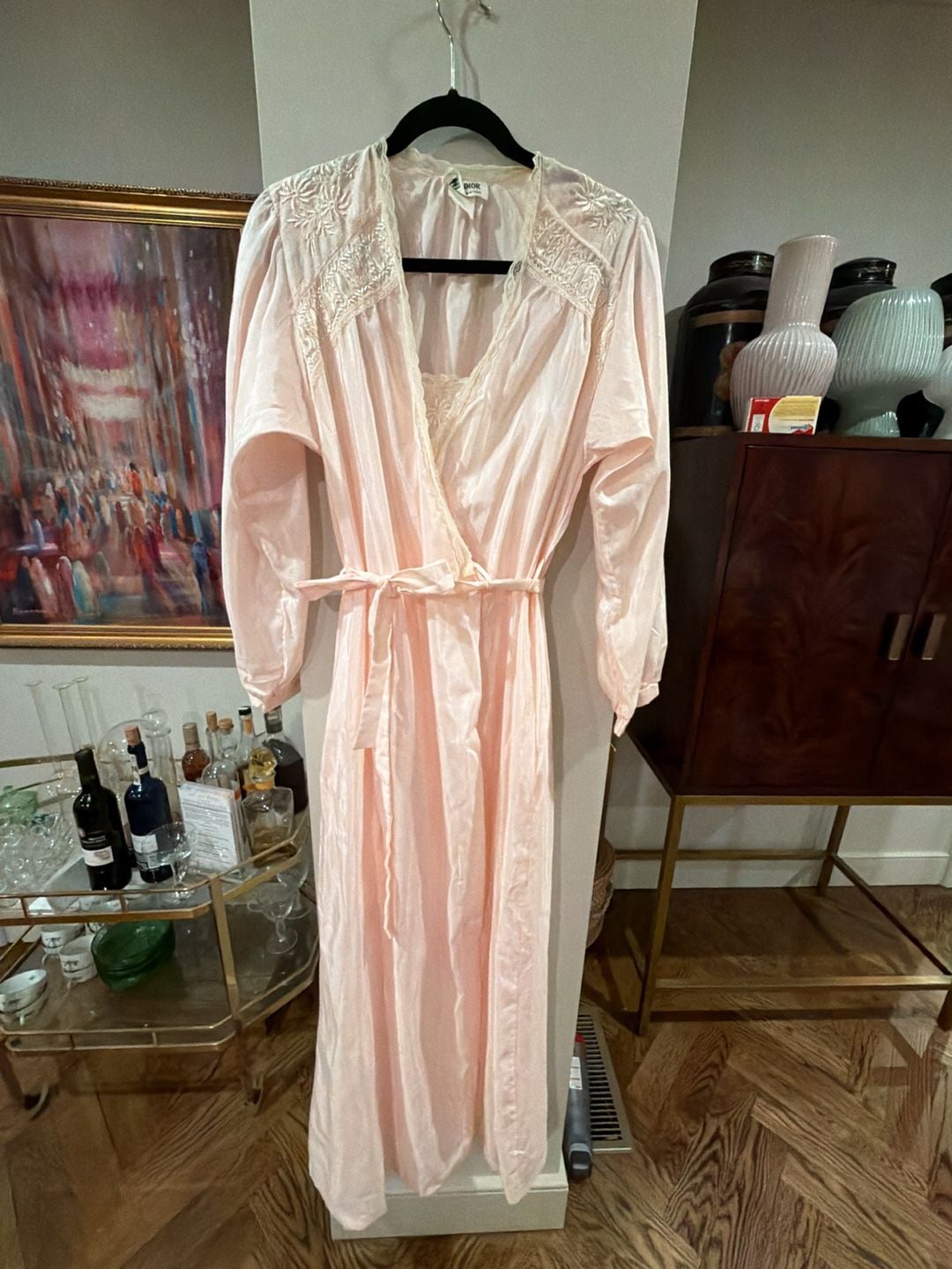 Vintage Miss Dior Sz S Blush Pink Nylon Full-Length robe and nightgown peignoir set 2 1