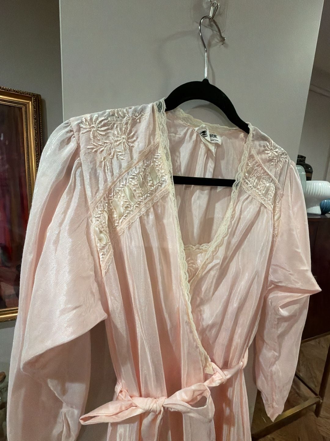 Vintage Miss Dior Sz S Blush Pink Nylon Full-Length robe and nightgown peignoir set 2 3