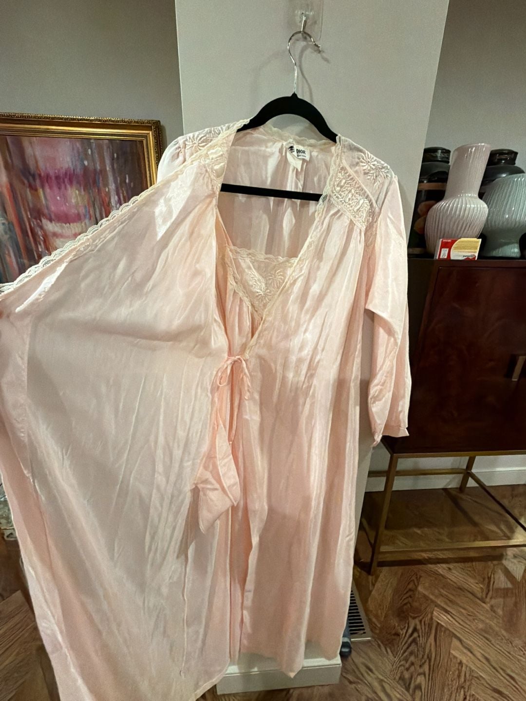 Vintage Miss Dior Sz S Blush Pink Nylon Full-Length robe and nightgown peignoir set 2 4