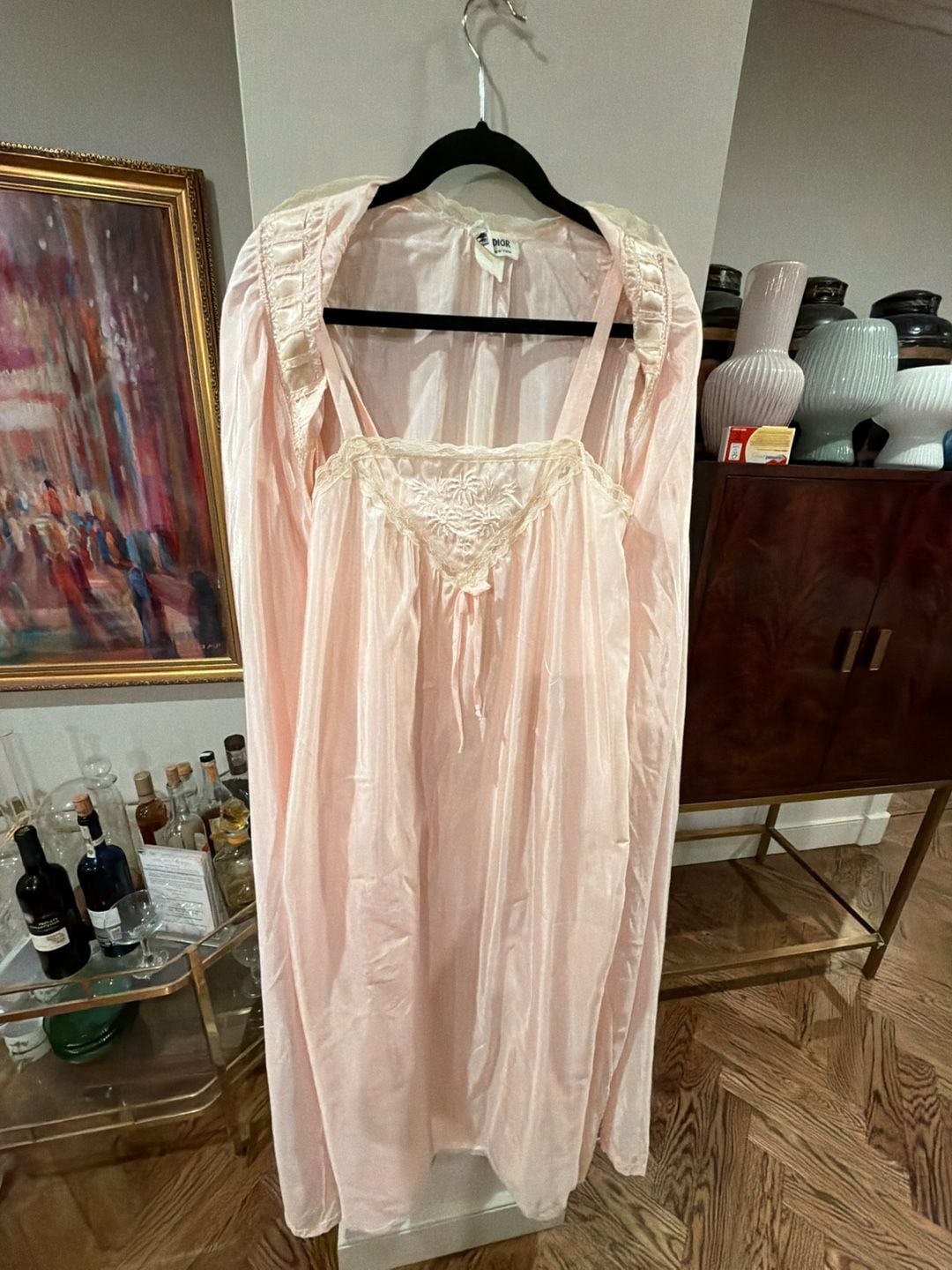 Vintage Miss Dior Sz S Blush Pink Nylon Full-Length robe and nightgown peignoir set 2 7