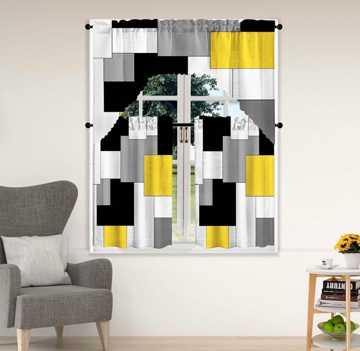Geometric Abstract Kitchen Window Curtain Set 2 sets(6 pieces) 1