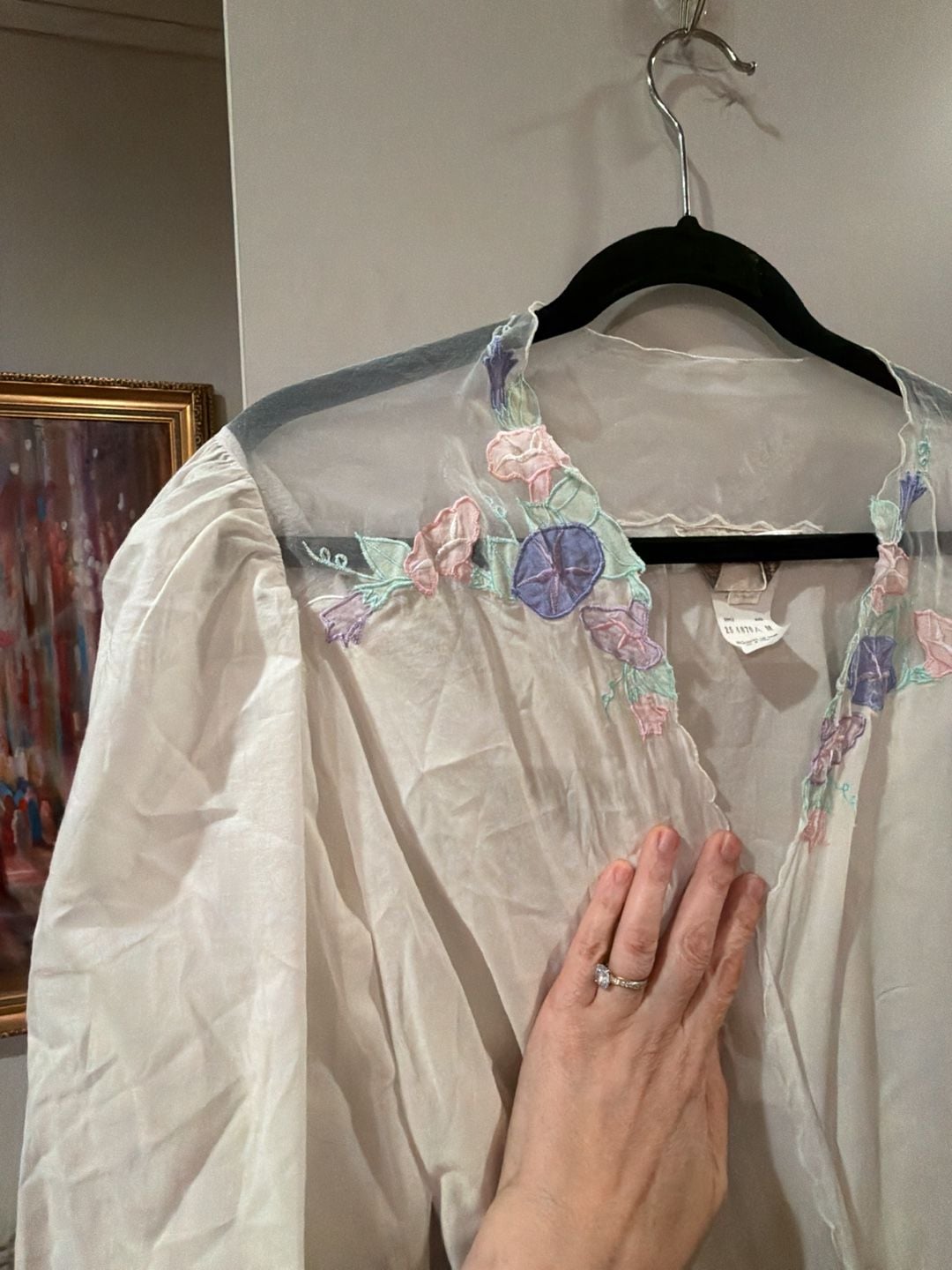 Vintage Oscar de la Renta White Floral Embroidered Peignoir Robe no belt 2