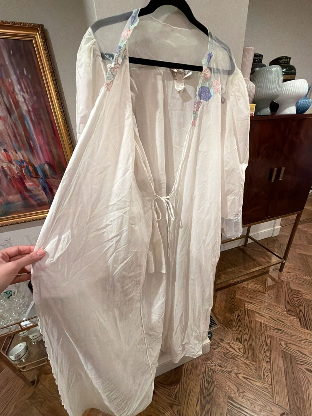 Vintage Oscar de la Renta White Floral Embroidered Peignoir Robe no belt 6