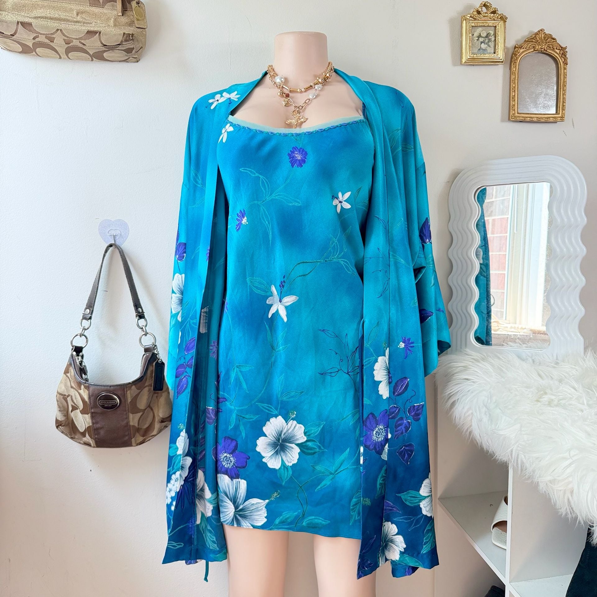 Vintage Tropical Floral Silk Chemise Slip Dress and Matching Robe Set 1