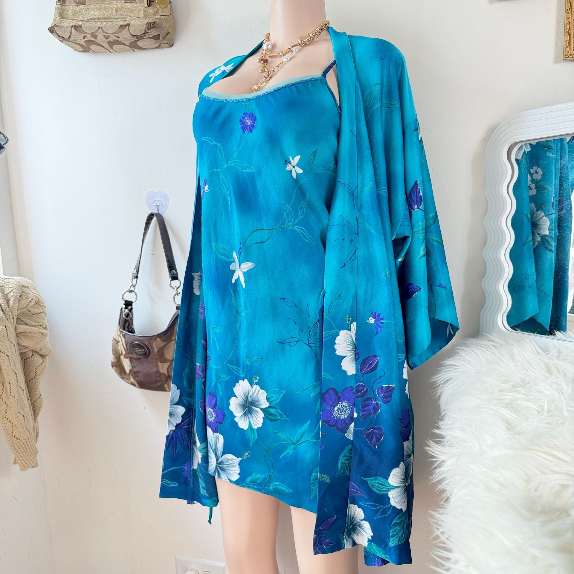 Vintage Tropical Floral Silk Chemise Slip Dress and Matching Robe Set 2