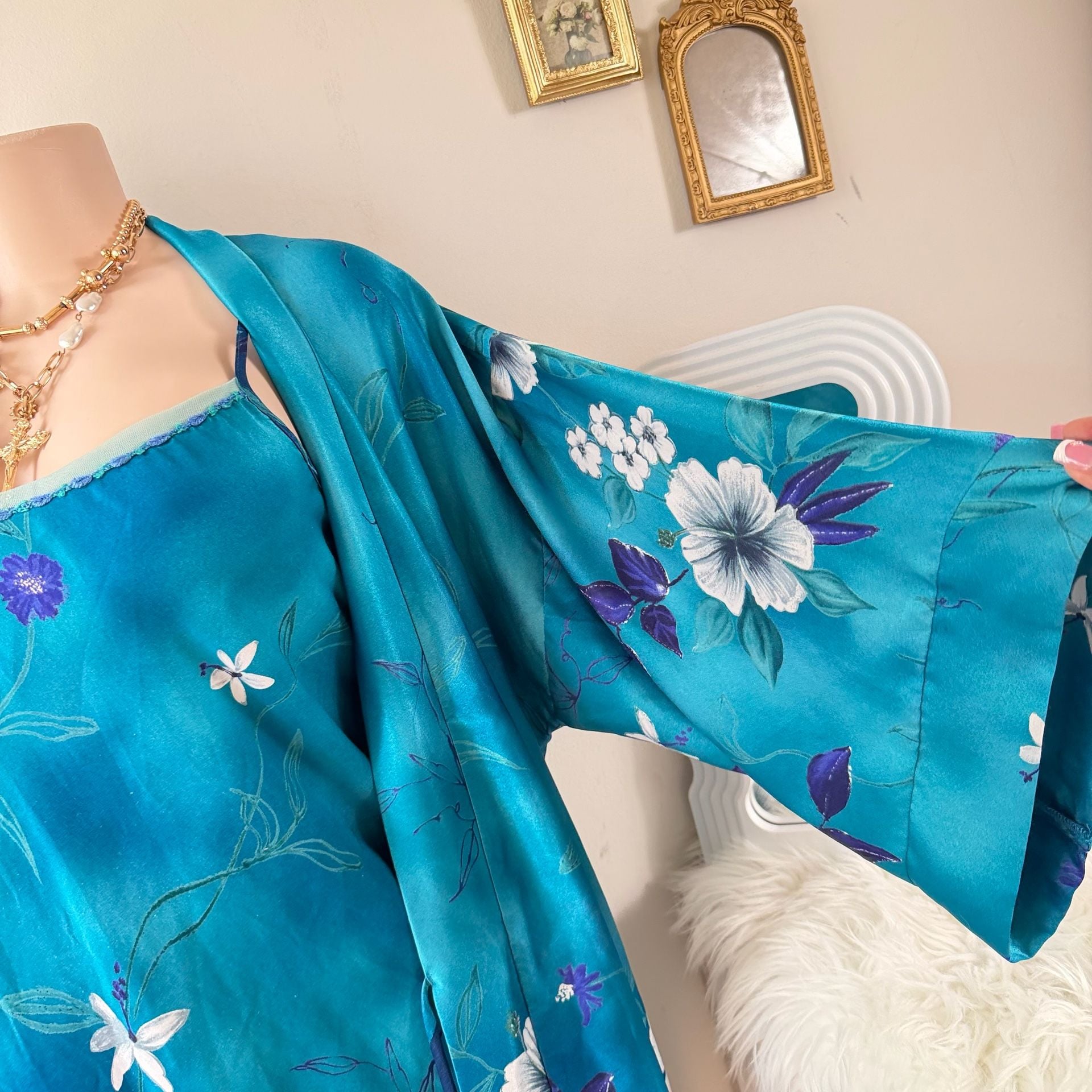 Vintage Tropical Floral Silk Chemise Slip Dress and Matching Robe Set 4