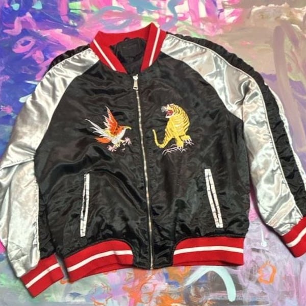 Miss London Black Label Satin Sukajan Embroidered Bomber Jacket