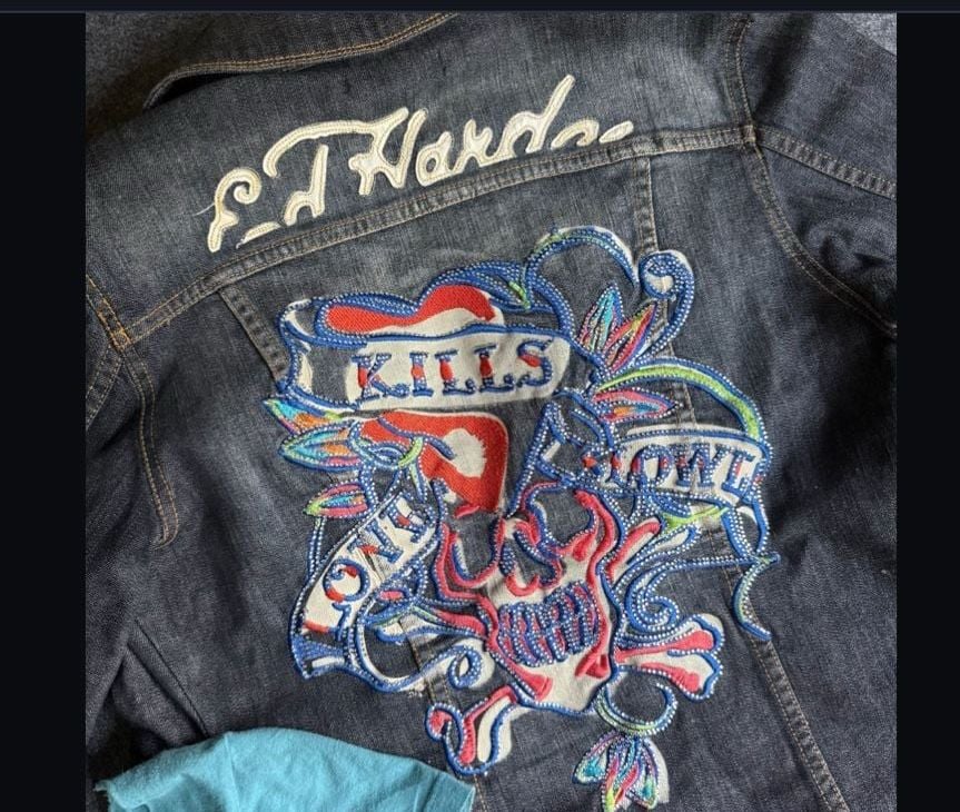 Ed Hardy By Christian Audigier Love Kills Slowly Rhinestone Jean Jacket L Denim 2