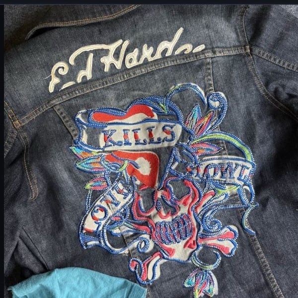 Ed Hardy By Christian Audigier Love Kills Slowly Rhinestone Jean Jacket L Denim