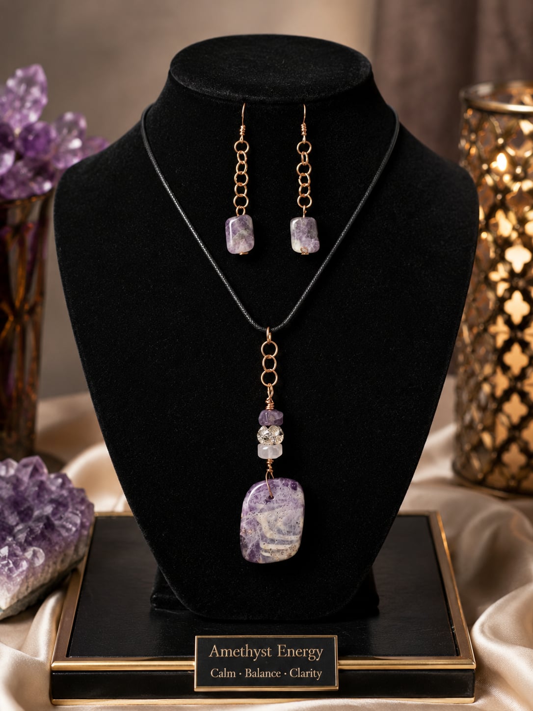 Amethyst Energy Jewelry Set with Necklace and Dangle Earrings 1