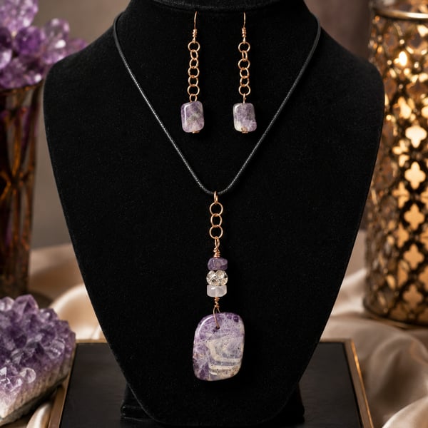 Amethyst Energy Jewelry Set with Necklace and Dangle Earrings