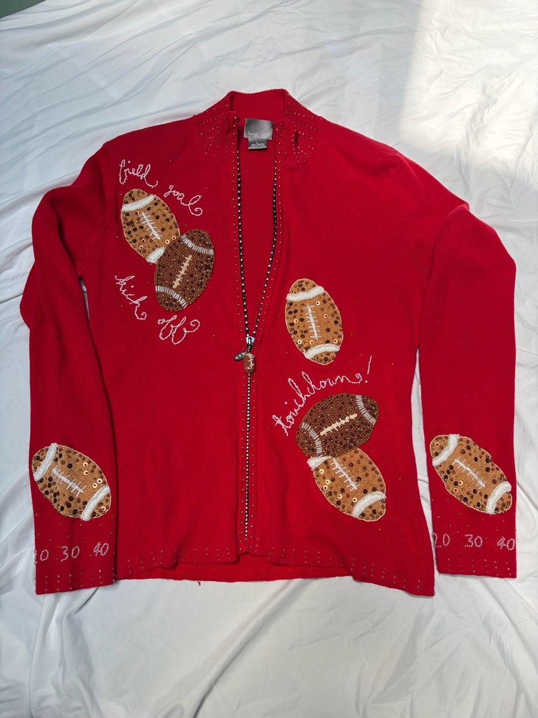 VINTAGE Berek Women's Red Beaded Football Themed Full Zip Sweater size Large 2