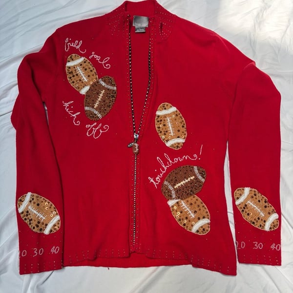 VINTAGE Berek Women's Red Beaded Football Themed Full Zip Sweater size Large