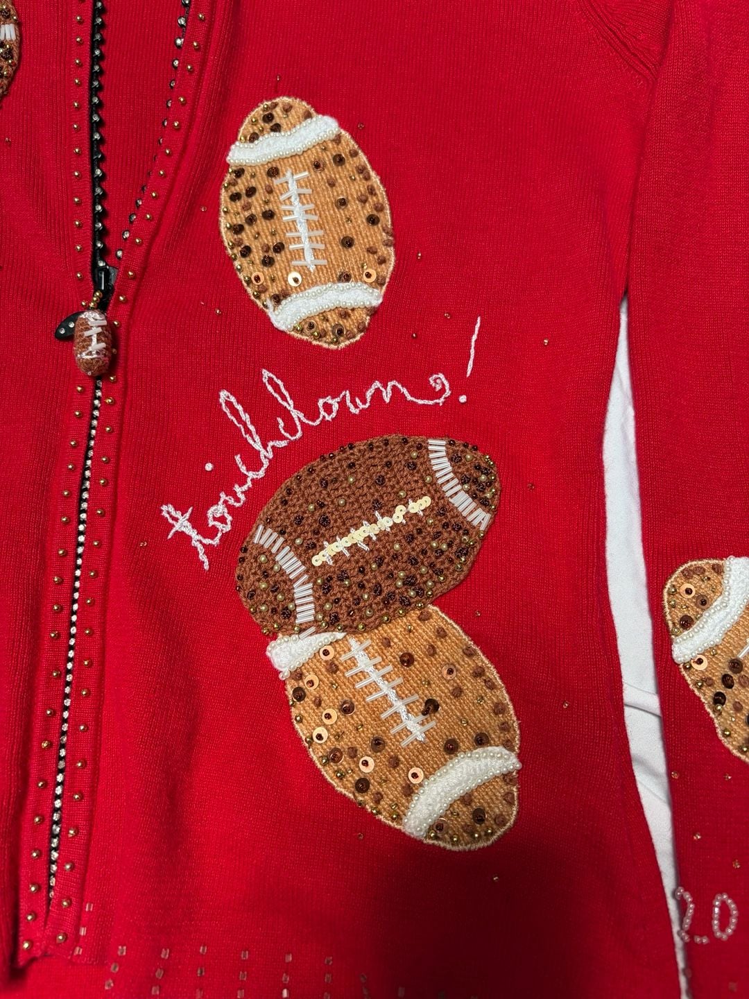 VINTAGE Berek Women's Red Beaded Football Themed Full Zip Sweater size Large 4