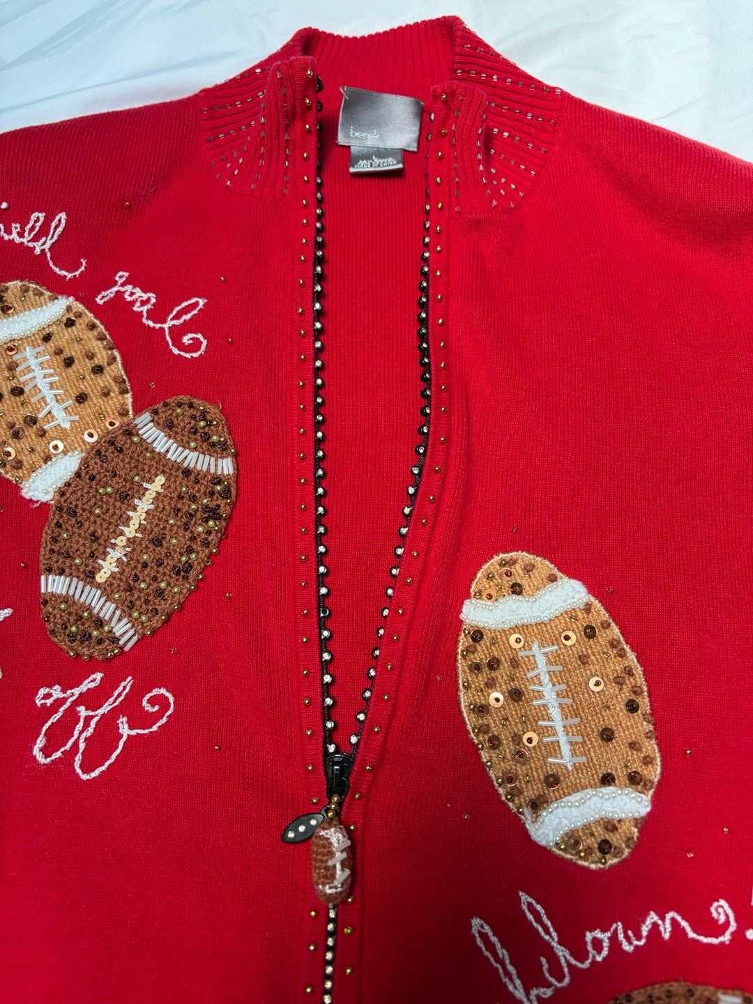 VINTAGE Berek Women's Red Beaded Football Themed Full Zip Sweater size Large 5