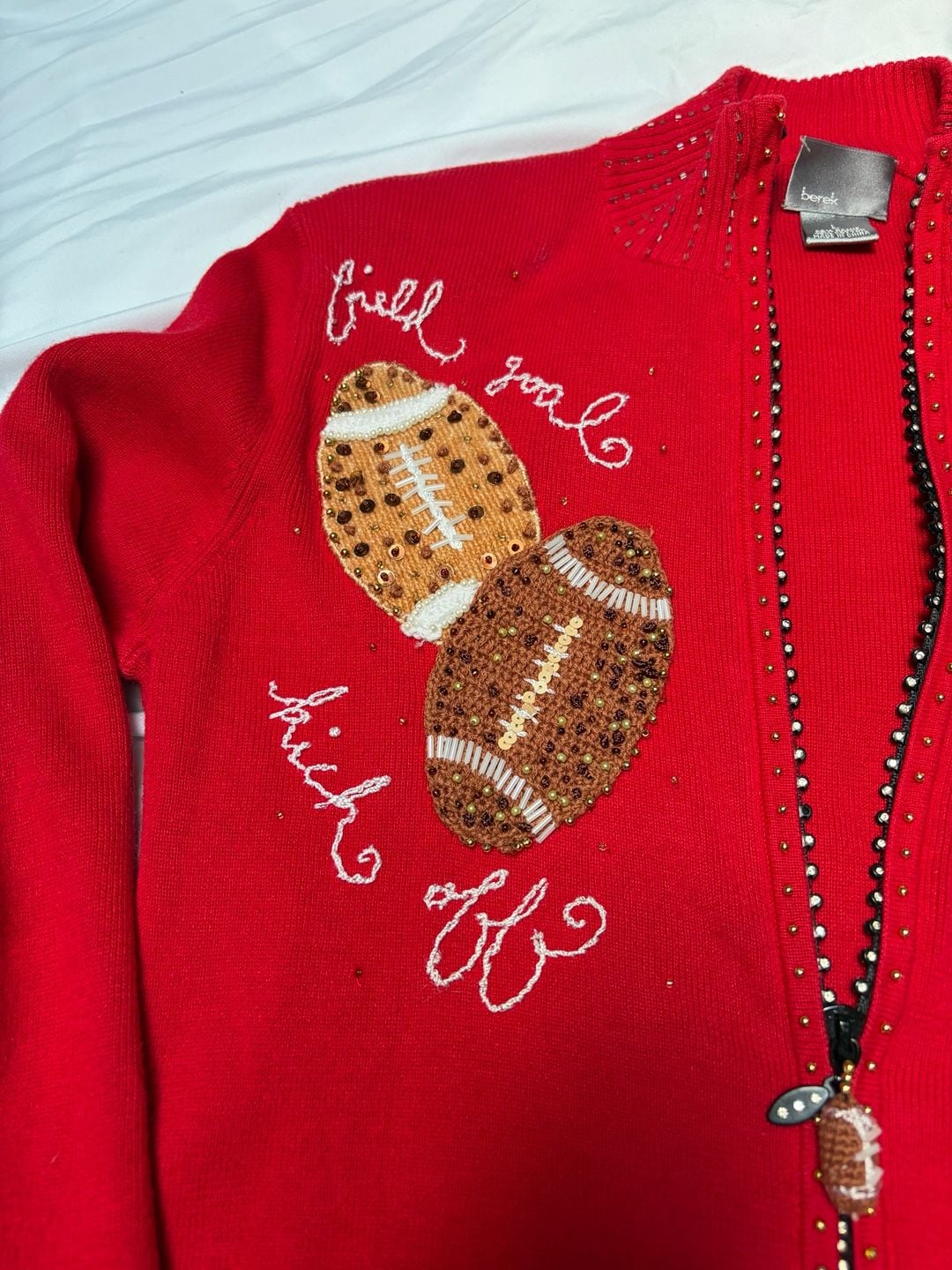 VINTAGE Berek Women's Red Beaded Football Themed Full Zip Sweater size Large 6