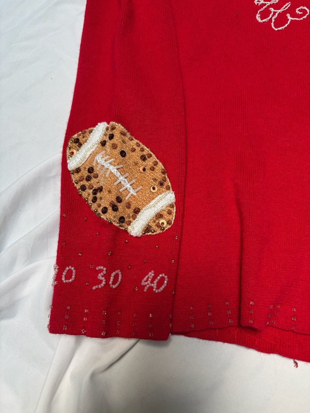 VINTAGE Berek Women's Red Beaded Football Themed Full Zip Sweater size Large 7