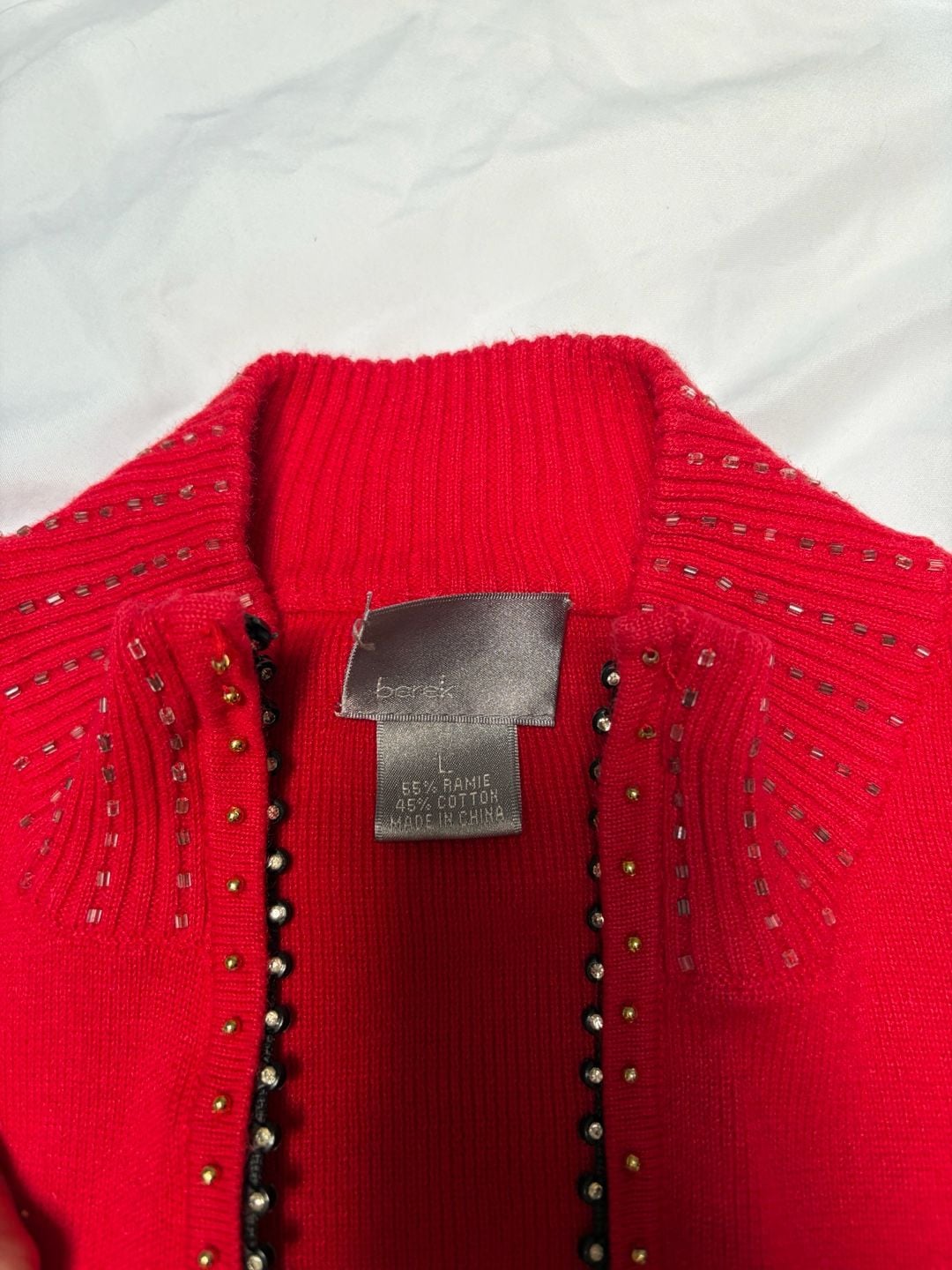 VINTAGE Berek Women's Red Beaded Football Themed Full Zip Sweater size Large 9