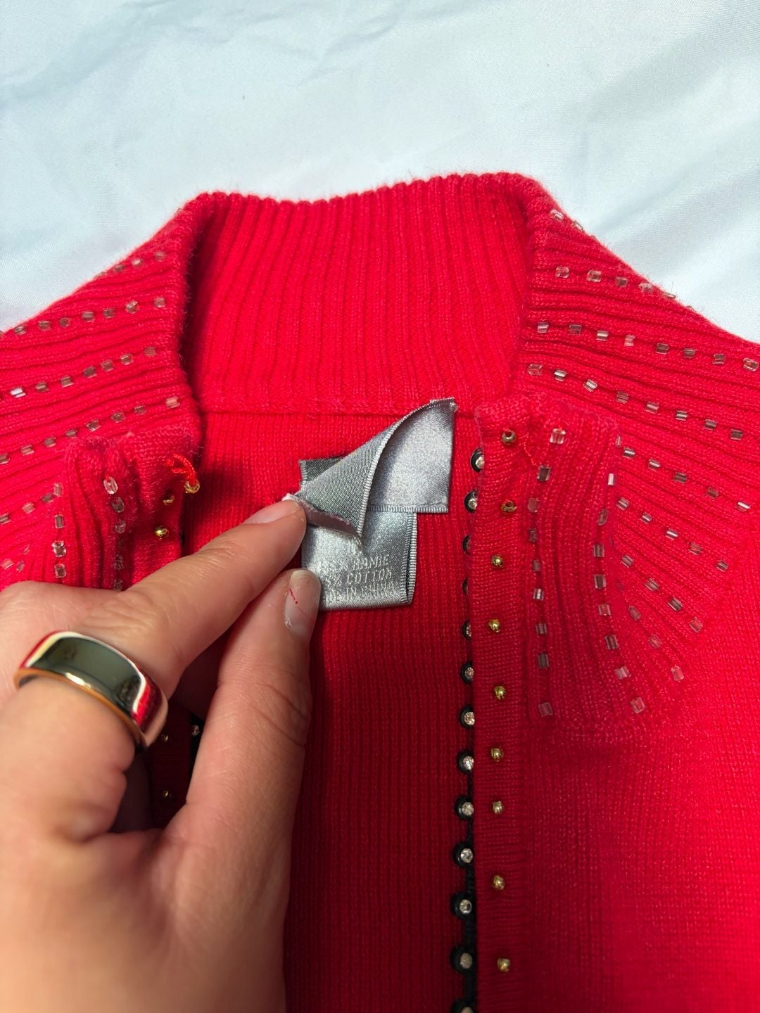 VINTAGE Berek Women's Red Beaded Football Themed Full Zip Sweater size Large 10