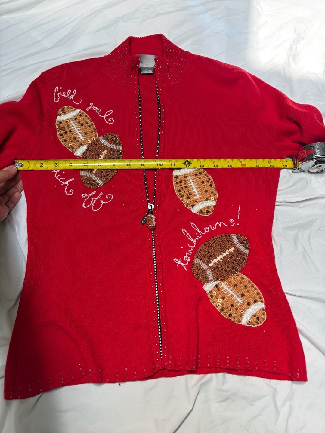 VINTAGE Berek Women's Red Beaded Football Themed Full Zip Sweater size Large 11