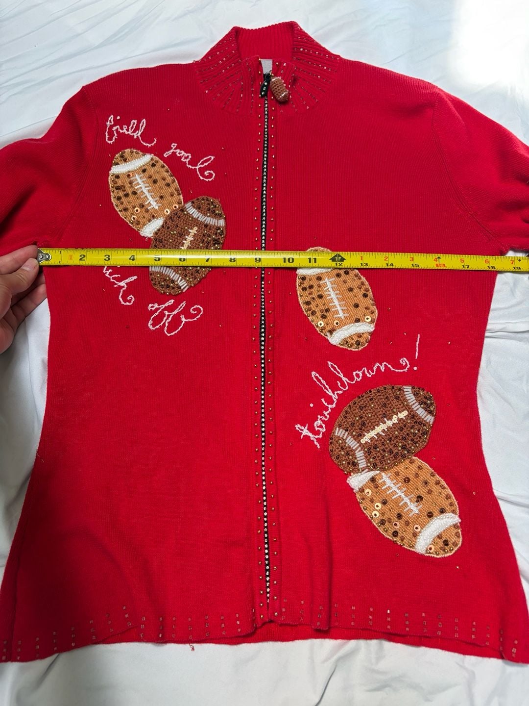 VINTAGE Berek Women's Red Beaded Football Themed Full Zip Sweater size Large 12