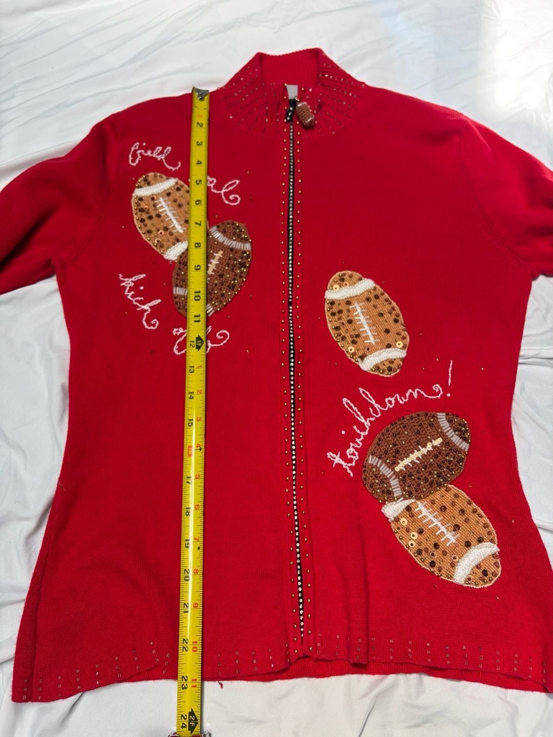 VINTAGE Berek Women's Red Beaded Football Themed Full Zip Sweater size Large 13