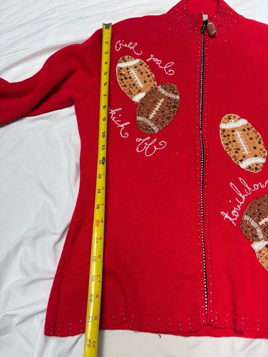 VINTAGE Berek Women's Red Beaded Football Themed Full Zip Sweater size Large 14