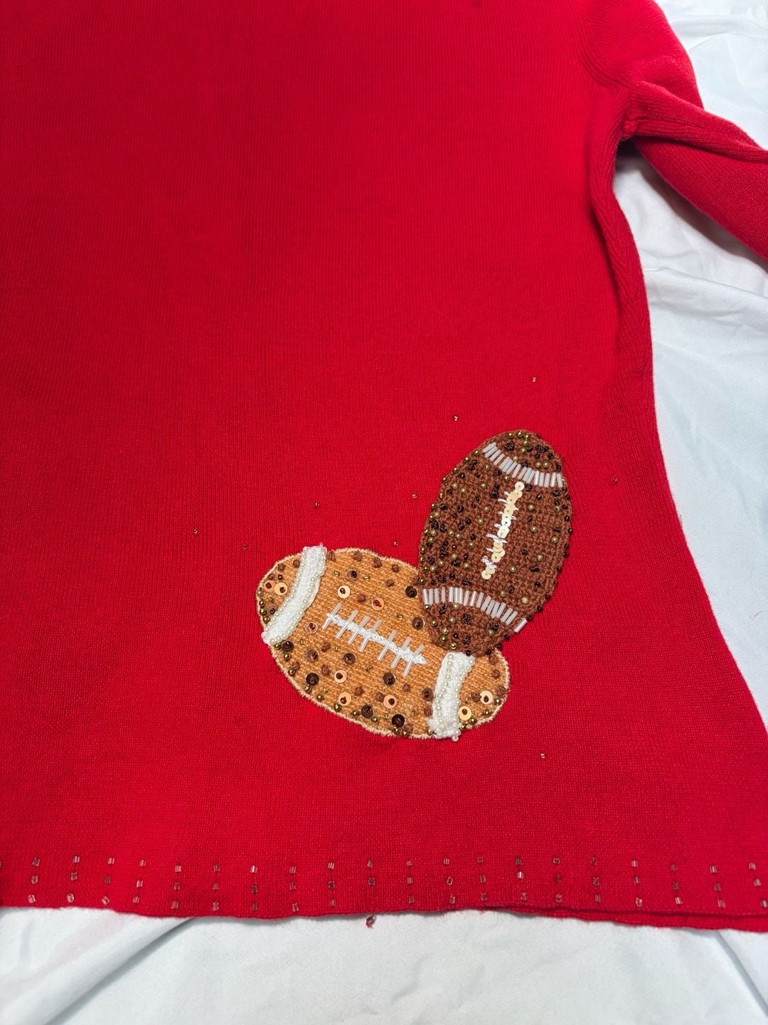 VINTAGE Berek Women's Red Beaded Football Themed Full Zip Sweater size Large 15