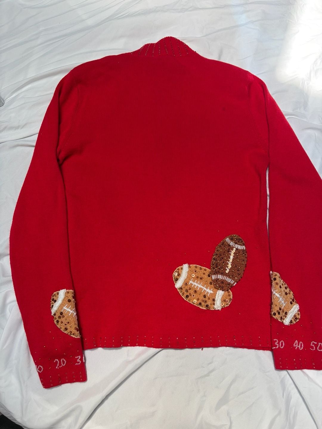 VINTAGE Berek Women's Red Beaded Football Themed Full Zip Sweater size Large 16