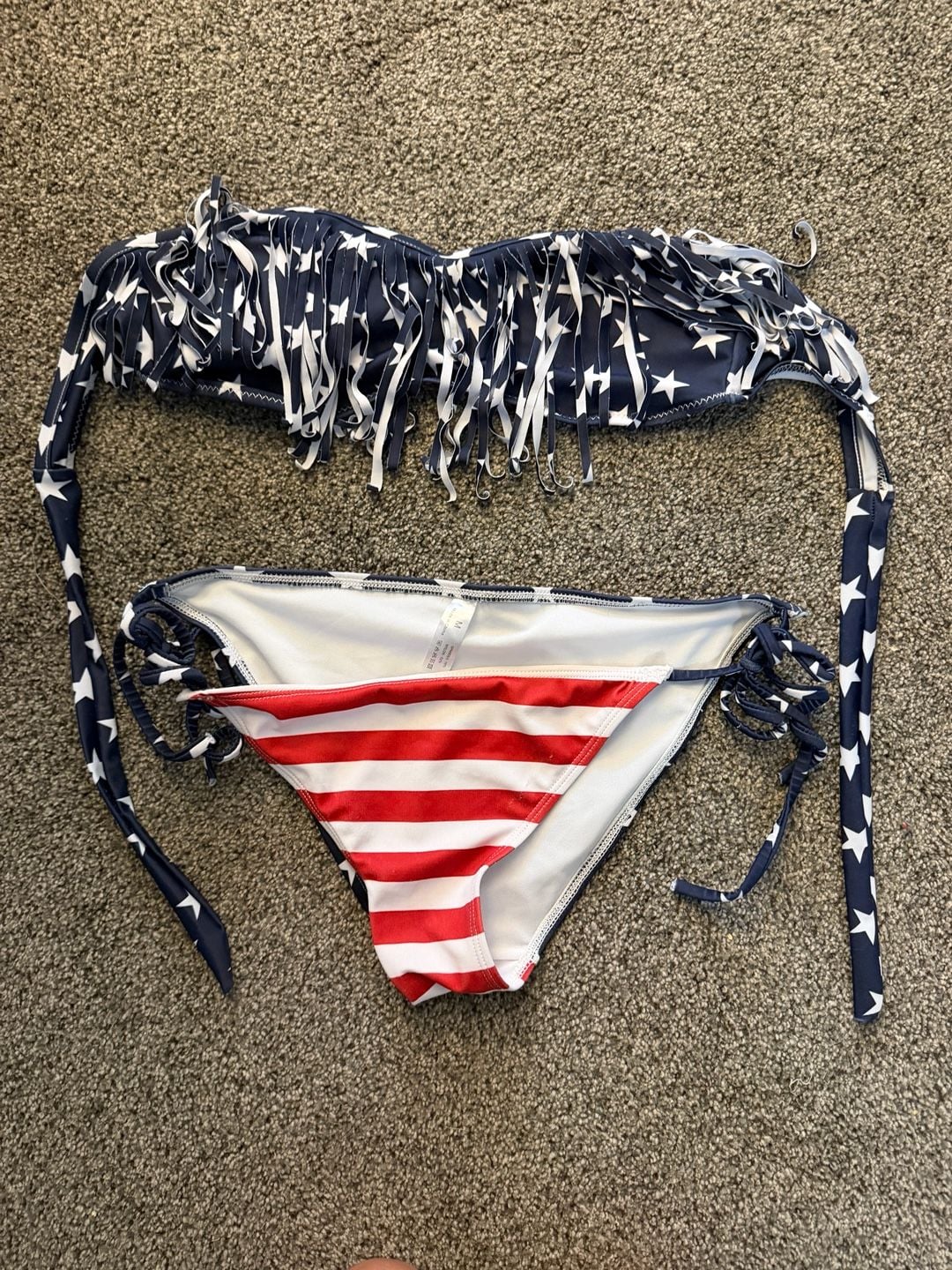 American Flag Print Fringe Bandeau Bikini Set 1