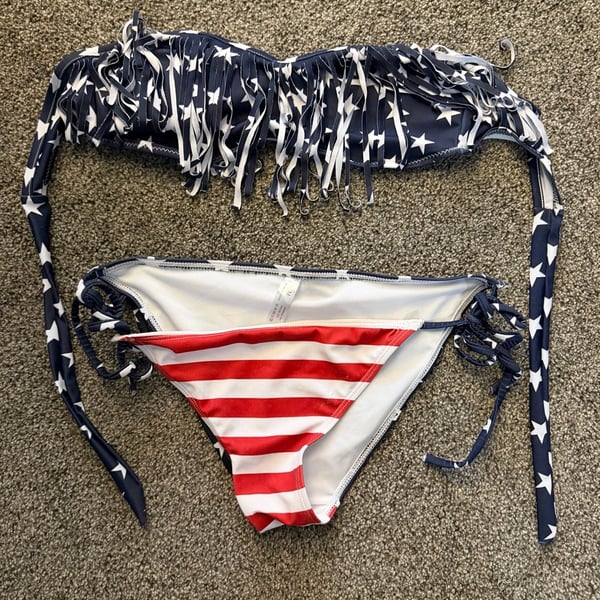 American Flag Print Fringe Bandeau Bikini Set