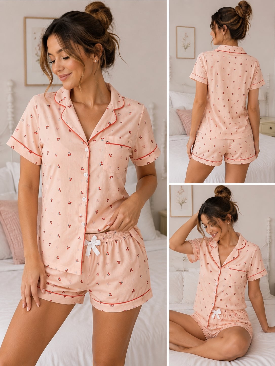 Bonmuse Women's Cherry Print Short Sleeve Button-Down Pajama Set 1
