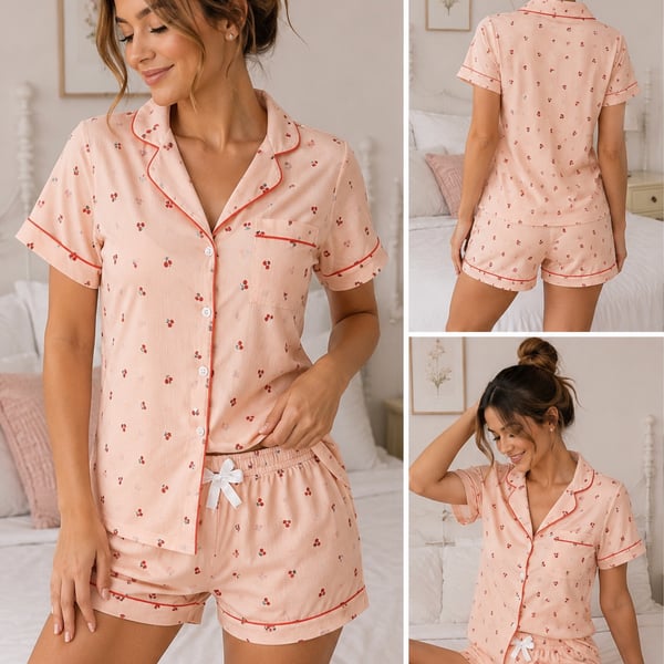 Bonmuse Women's Cherry Print Short Sleeve Button-Down Pajama Set