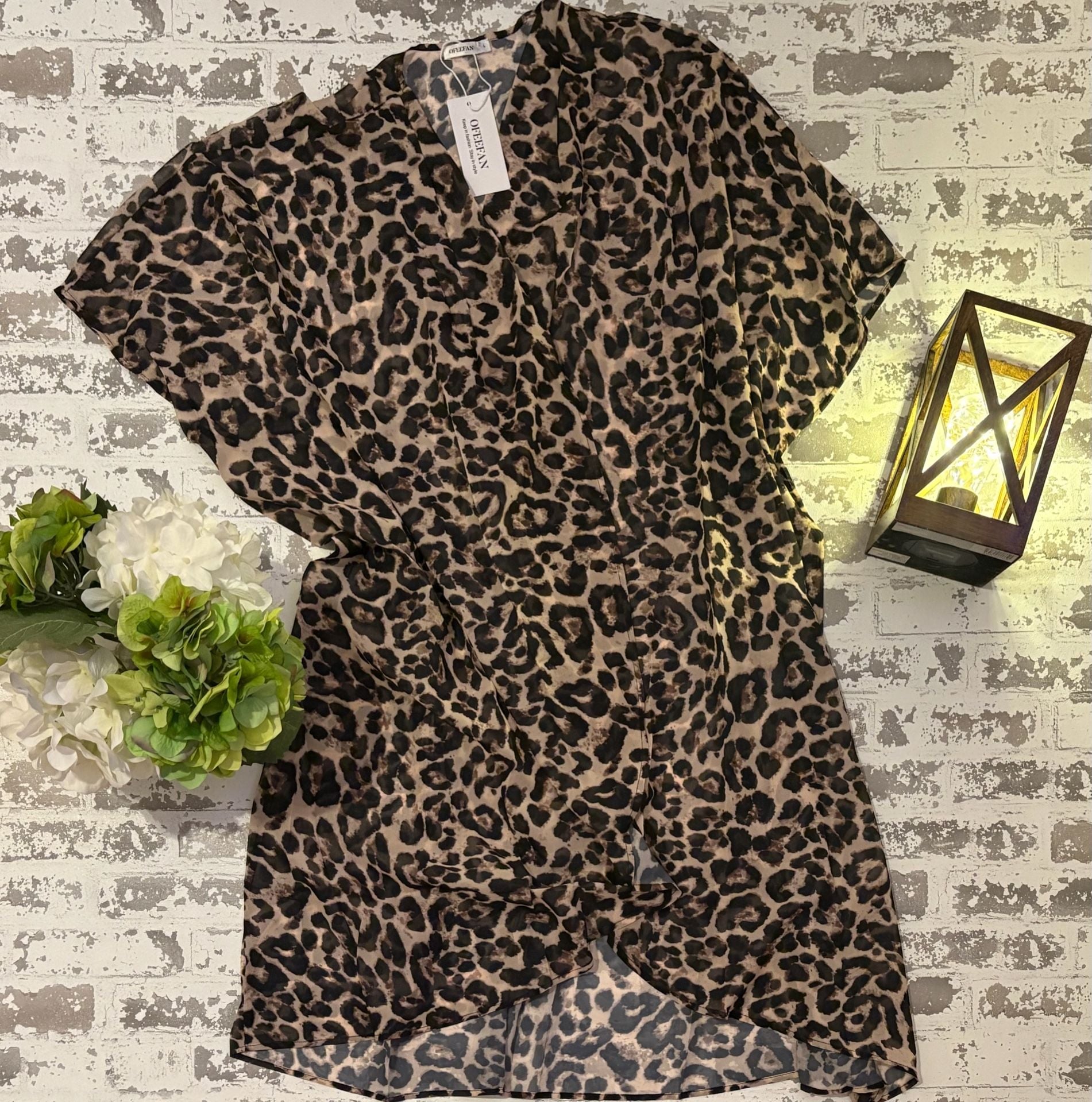 L and XL OEFAN Women's Leopard Print Short Sleeve Open Front Cardigan Kimono 2