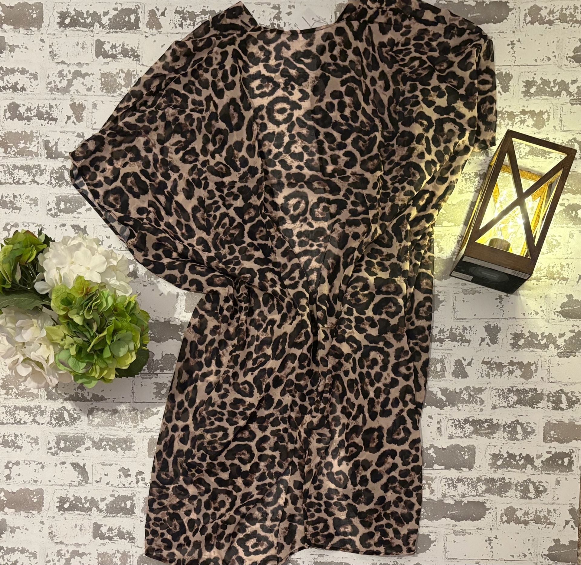 L and XL OEFAN Women's Leopard Print Short Sleeve Open Front Cardigan Kimono 3