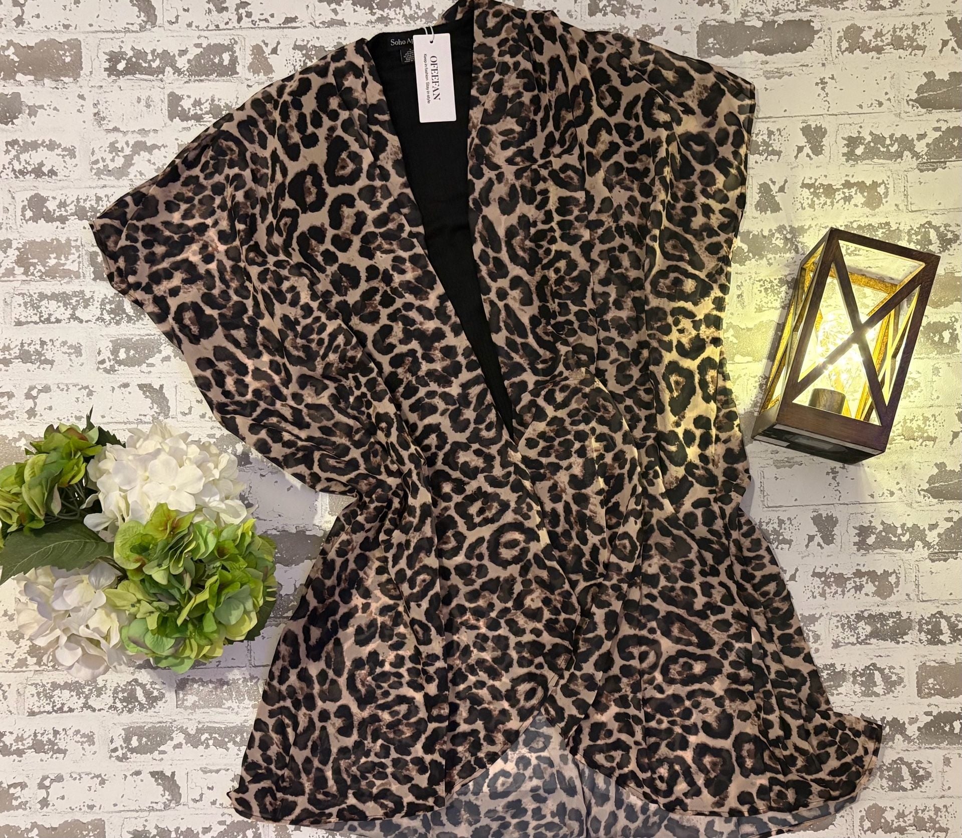L and XL OEFAN Women's Leopard Print Short Sleeve Open Front Cardigan Kimono 4