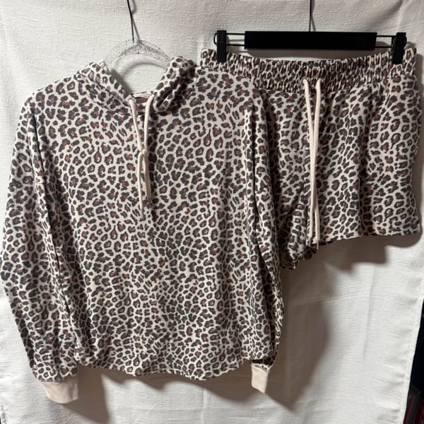 Victoria's Secret Women's Waffle Knit Leopard Print Hoodie and Shorts Loungewear Set