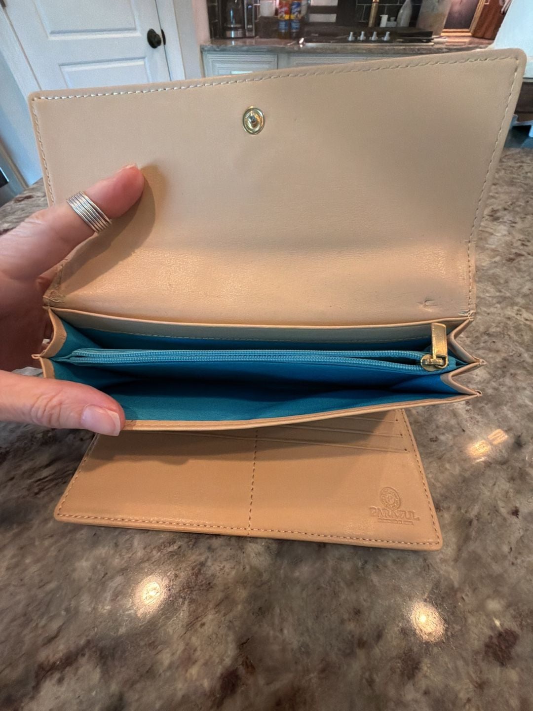 Parazul Women's Beige Leather Long Wallet with Gold Logo Emblem 5
