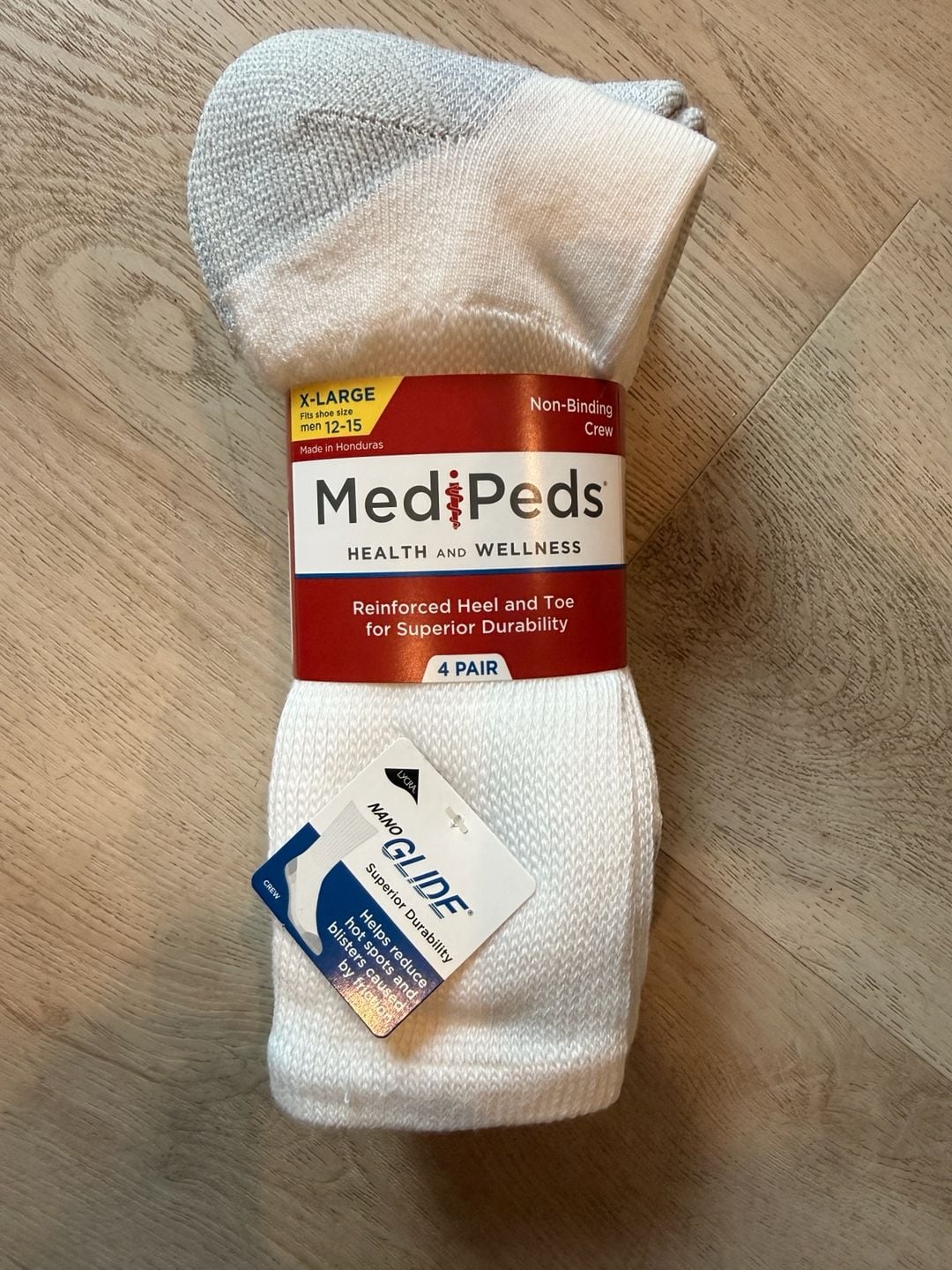 MediPeds Men's Non-Binding Crew Socks with NanoGLIDE, White/Grey, 4-Pair Pack, Size X-Large 1